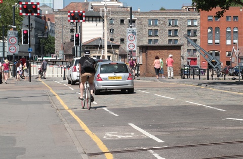 A cycle lane approaching Princes Street bridge