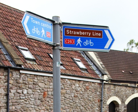 Blue pedestrian and cyclist direction sign to local destinations
